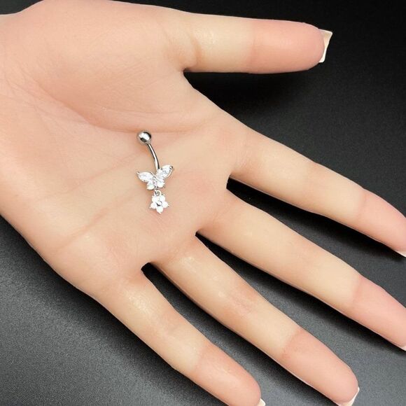 316L Stainless Steel with Diamond Cubic Zirconia Flower and Butterfly Belly Ring - Picture 7 of 7
